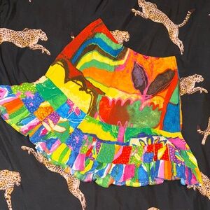 Vibrant Multicolor Patchwork Ruffled Mini Skirt Made in